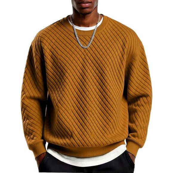 Coofandy Men Brown Crewneck Geometric Texture Long Sleeve Sweatshirt - Picture 1 of 5
